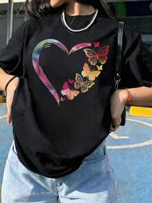 Women's Summer Fashion Short Sleeve T-Shirt Casual Outdoor Fashion 'Love And Butterfly' Relaxed Print Casual Shirt - 黑色 - 查看 2