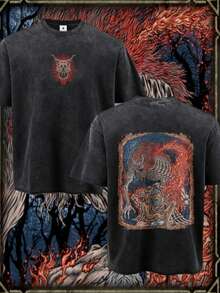Fashionable Unisex Crew Neck T-Shirt With A Double-Sided Print, Made Of Pure Cotton With An Artistic Design Of A Demonic Skull And Flaming Skeleton. | Machine Washable | Comfortable In All Seasons | 100% Pure Cotton | Retro Japanese Street Style, Relaxed Fit, High-Quality Promotional Item In High Demand. - 黑色 - 查看 1