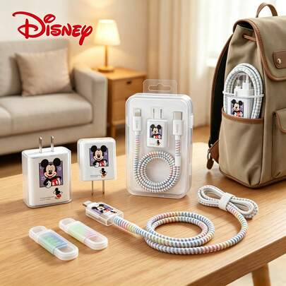 Disney 迪士尼卡通风格苹果充电器保护套 - 20W，米奇、米妮、小熊维尼图案，可有效保护充电线免受损坏。套装包含一个柔软的硅胶充电头保护套和一个螺旋形充电线保护套。这款可爱的手机配件适合青少年和动漫爱好者。也是送给朋友或家人的绝佳生日礼物。