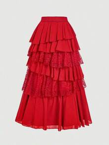 MOD Elegancia bohemia-occidental: Falda larga de gasa y encaje fluida en negro - Tu compañera sin esfuerzo para picnics a la hora dorada y aventuras bohemias - Rojo - Ver 2