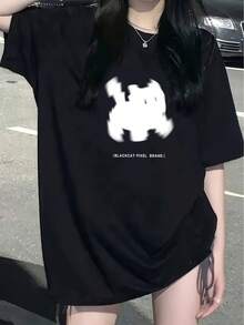Camiseta de Manga Corta con Estampado de Cachorro de Dibujos Animados para Mujer, Top Casual y Versátil de Moda para Verano y Exteriores - Negro - Ver 6