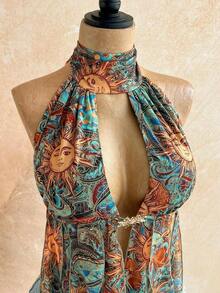 Blusa de mujer con encaje bordado, escote halter, espalda descubierta, tirantes con lazo, bajo fluido y elegante, adecuada para la playa, cruceros y resorts - Multicolor - Ver 3