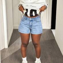Plus Size Women Blue High Waist Casual Summer Denim Super-Short Shorts - Lavado ligero - Ver 6