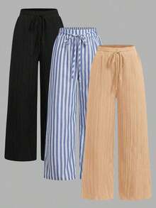 Set de 3 pantalones rectos sueltos de cintura alta con cordón y bolsillos, de unicolor y versátiles, adecuados para primavera/verano - Multicolor - Ver 11