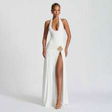 Women's Long Dress Autumn New Fashion Sexy Backless Decorated Pendant Monochromatic Neckline Hip Set Elegant, Comfortable And Casual Party Dress - 白色 - 查看 4