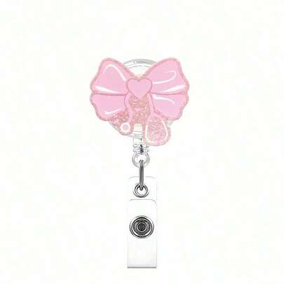 1pc Pink Bow Stethoscope Badge Reel Fine Glitter Retractable Badge Holder Clip With Swivel Alligator Clip For Medical Student RN CNA MA Teacher