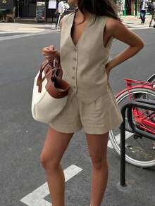 1 Set de Chaleco y Shorts informales y sueltos de un solo botonadura en unicolor para mujer - Caqui - Ver 3