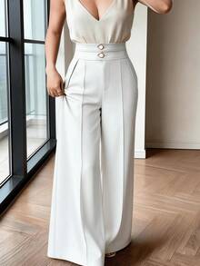 Calça De Terno Elegante De Cintura Alta Com Perna Flare E Abotoamento Duplo, Estilo Urbano Chique P M G - Branco - Visão 6