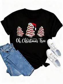 1 Women's Christmas T-Shirt - Graphic Tee With A Cheerful And Bright Christmas Tree Design, Santa Claus Print, Christmas Eve Graphic Tee, Unisex Festive Tee For Women And Men, Everyday Wear At Festivals, 180g 100% Cotton, Designs Are Fully Printed. Unisex. - 6 黑 - 查看 12