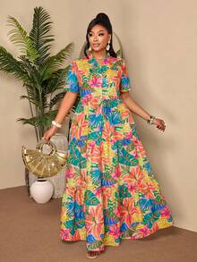 BIUBIU Plus Size Vibrant Tropical Vacation Dress, Short Sleeve V-Neck Button Down Dress With Ruffle Hem, Suitable For Holiday Wear Elegant Summer - Color - View 1
