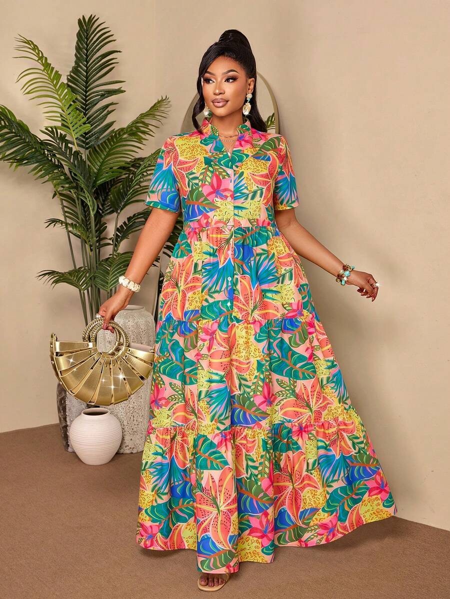 BIUBIU Plus Size Vibrant Tropical Vacation Dress, Short Sleeve V-Neck Button Down Dress With Ruffle Hem, Suitable For Holiday Wear Elegant Summer - Color - View 1