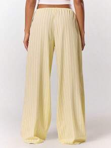 Pantalones anchos con cordón a rayas, estilo de vacaciones de verano casual y elegante, pantalones de lino para la playa, atuendo colectivo de oficina para mujeres, pantalones de oficina para mujer en invierno y primavera, Pascua - Amarillo - Ver 2