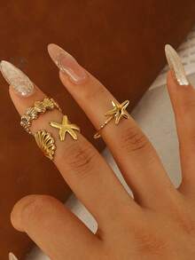 3件套镀金不锈钢可调节戒指，贝壳和海星设计，礼品套装 - 金色 - 查看 1