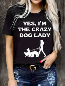 Camiseta casual estampada de talla grande para mujer, cuello redondo, manga corta, tela ligeramente elástica, estilo regular, top cómodo para todas las estaciones, ropa de mujer. - Negro - Ver 1