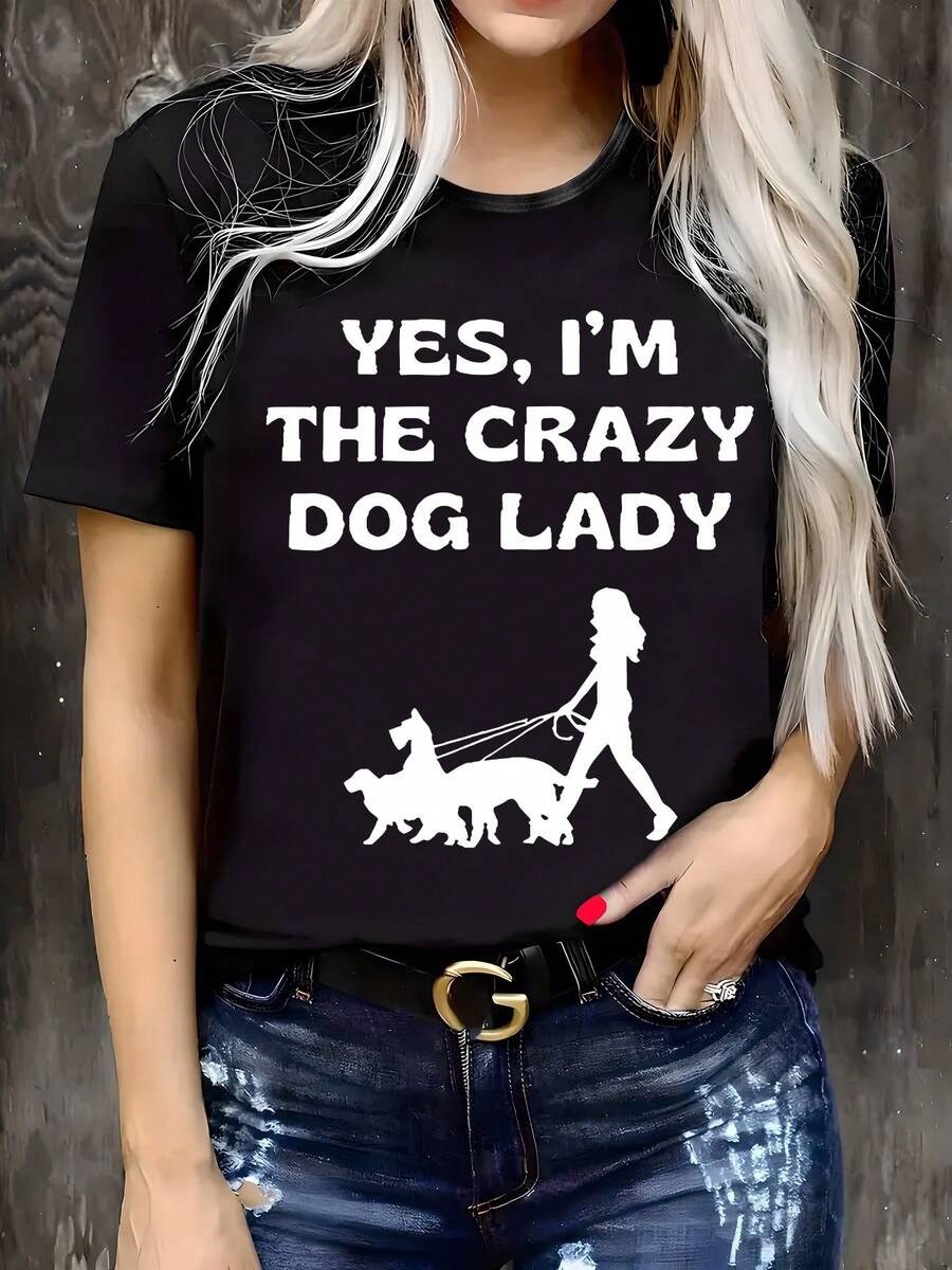 Camiseta casual estampada de talla grande para mujer, cuello redondo, manga corta, tela ligeramente elástica, estilo regular, top cómodo para todas las estaciones, ropa de mujer. - Negro - Ver 1
