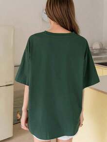 Camiseta de verano oversize con gráfico de letras y hombros caídos - Verde - Ver 5