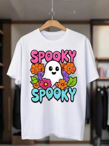 Camiseta de impresión lindOOKY de las mujeres - Top de cuello de la tulación de manga corta de uste suelto blanco con letras rosa y turquesa, flores sonrientes y multicolores - tre de fiesta de Halloween y Navidad, idea de regalo transpirable - Blanco - Ver 2