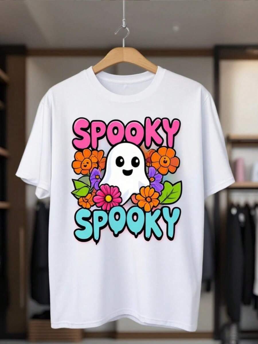 Camiseta de impresión lindOOKY de las mujeres - Top de cuello de la tulación de manga corta de uste suelto blanco con letras rosa y turquesa, flores sonrientes y multicolores - tre de fiesta de Halloween y Navidad, idea de regalo transpirable