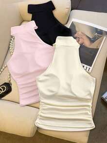 Top corto tipo bralette con cuello halter y frunces para mujer, tela cómoda y ligera, multicolor, blusas casuales de verano para mujer, blusas elegantes para mujer, camisetas gráficas para mujer, blusas elegantes para mujer, tops blancos, ropa de trabajo para mujer, tops negros, top blanco, camisa de vestir para mujer, estilo festival Y2k. - Multicolor - Ver 2
