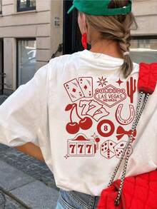 Manga corta, WELCOME LAS VEGAS NEVADA, 777 Camiseta casual para mujer, Top de manga corta con cuello redondo, adecuado para verano y primavera, Ropa de mujer.Camiseta Y2k - Blanco - Ver 1