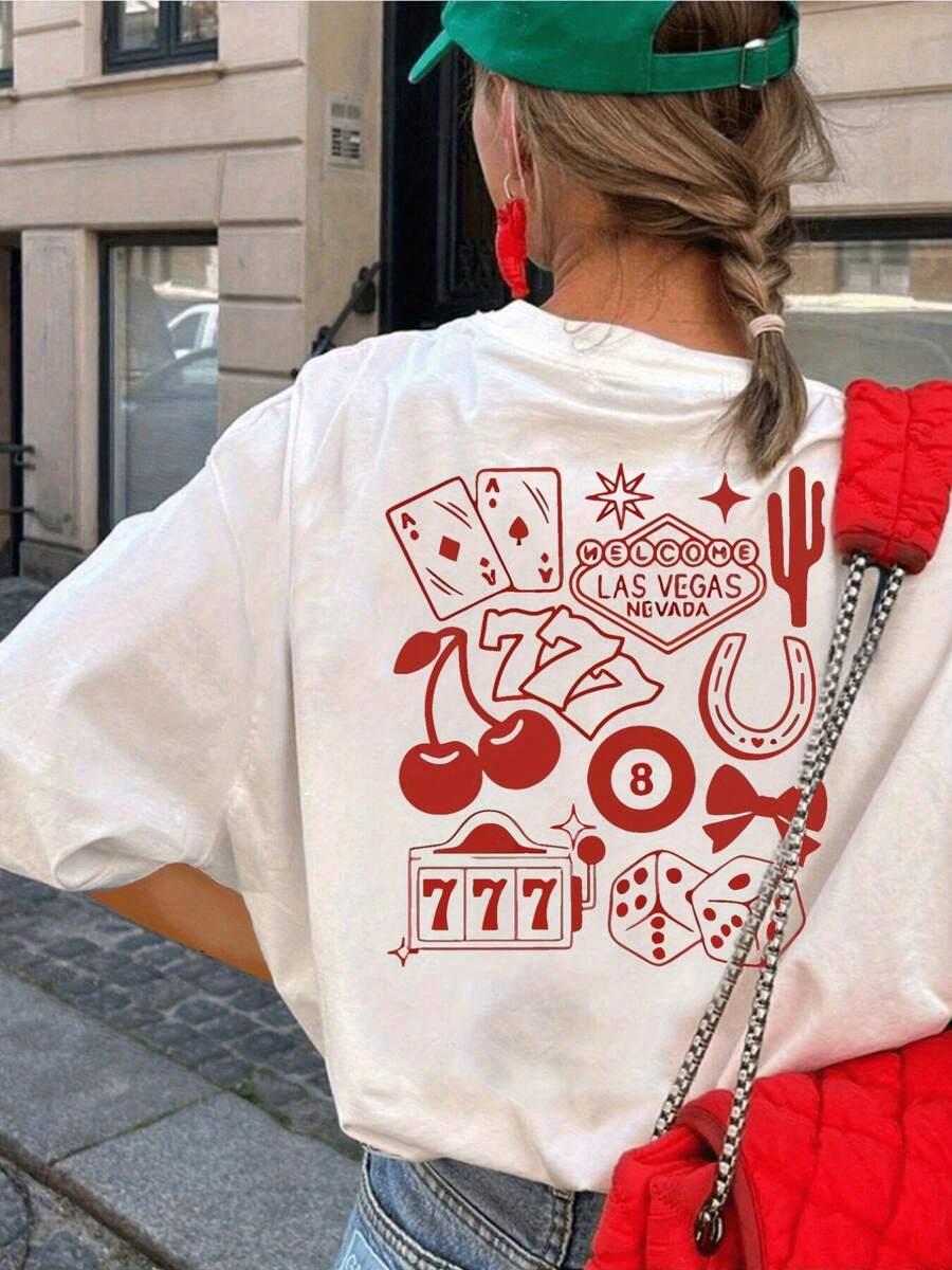 Manga corta, WELCOME LAS VEGAS NEVADA, 777 Camiseta casual para mujer, Top de manga corta con cuello redondo, adecuado para verano y primavera, Ropa de mujer.Camiseta Y2k - Blanco - Ver 1