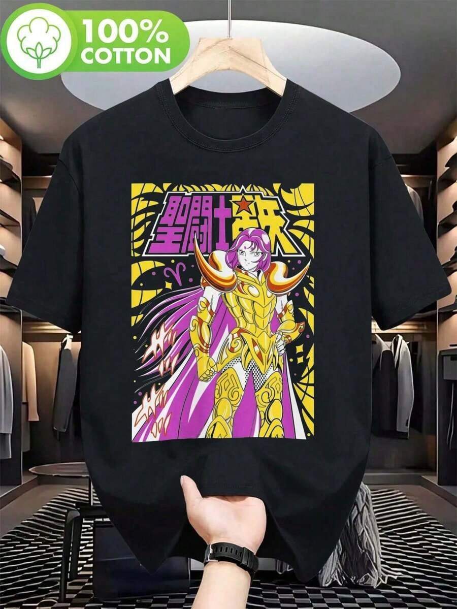 Camiseta de algodón negro con estampado de personajes de anime vibrantes - Diseño amarillo y púrpura, cuello redondo casual para hombres, perfecta para atuendos de verano, camiseta de ropa casual Camiseta gráfica de anime Tejido duradero Y2k Camiseta Camisa De - Blanco - Ver 1