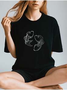 Camiseta Casual de Cuello Redondo para Mujer con Elegante Estampado de Peces, de Poliéster Suave y Manga Corta para Uso Diario y Momentos de Relajación - Negro - Ver 8