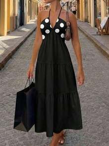 Vestido maxi sin espalda con cuello halter de crepé y lazo para ocasiones en complejos turísticos y bodas - Multicolor 5 - Ver 9