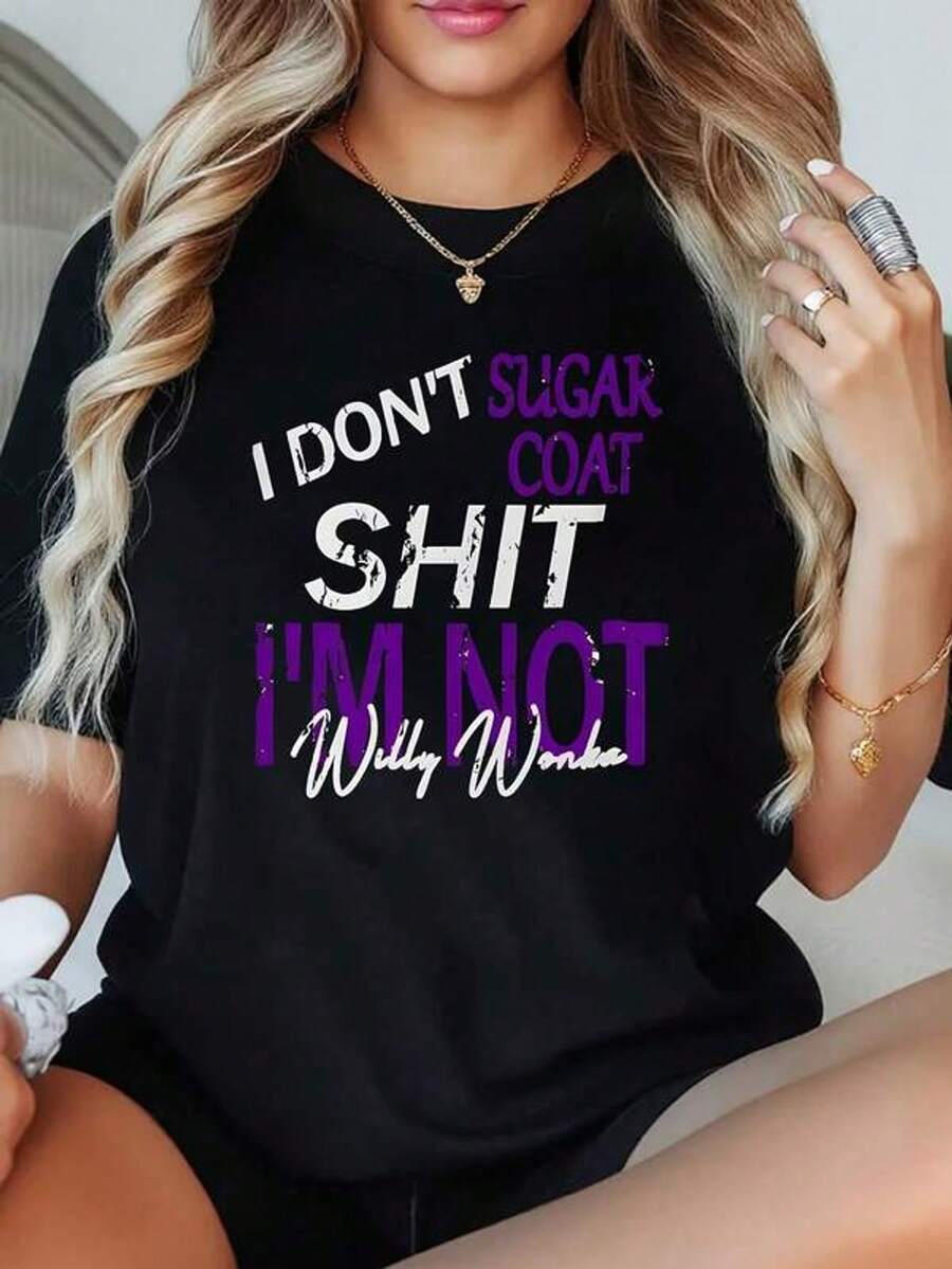 Women's Plus Size T-Shirt "No Sweetener" Oversized Graphic Short Sleeve T-Shirt 1 Piece New Arrival 100% Polyester Casual Crew Neck T-Shirt 220g - 黑色 - 查看 1
