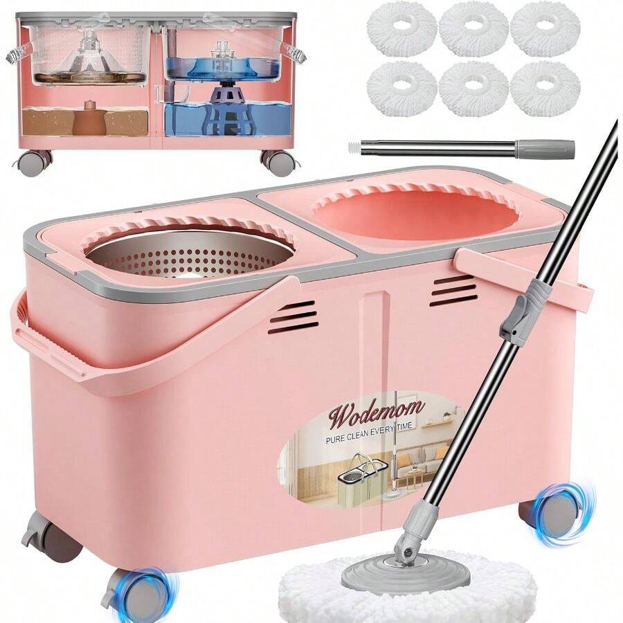 2026 Upgraded Gen 2 Spin Mop And Bucket Set With 4 Swivel Wheels Easy Rolling, Separates Clean Dirty Floor Mop With 6 Washable Mop Heads Wood, Tile, Vinyl, Baseboards - Pink - 粉紅色拖把桶 + 6 個額外替換裝 - 查看 1