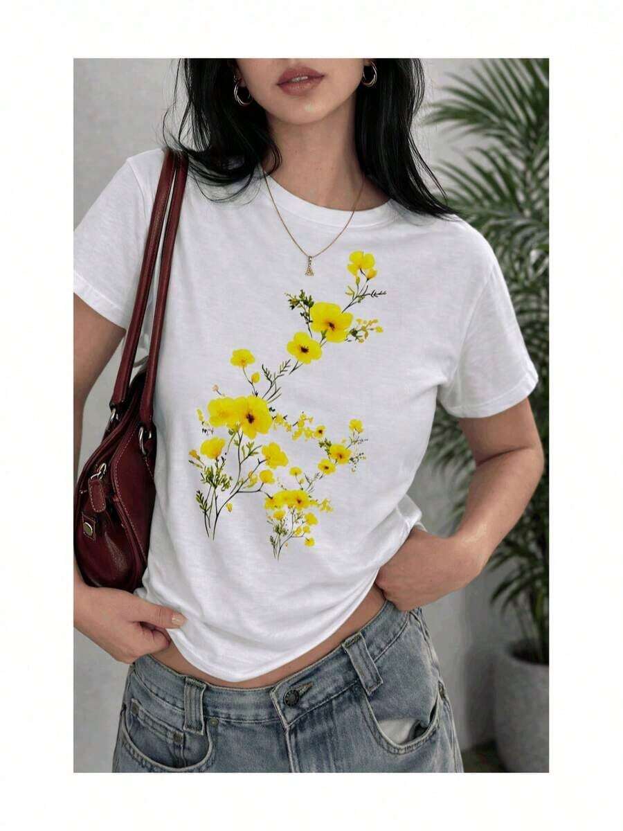 Gift: Women's Mother's Day T-Shirt, Yellow Floral Print, Minimalist, Soft Touch, Short Sleeve, Round Neck, Spring Summer, Casual, Comfortable For Everyday Wear, Soft Mother's Day T-Shirt - 白色的 - 查看 1