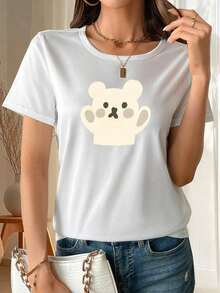 1 Piece Women's Short Sleeve T-Shirt With "Lying Looking At Your Little Bear" Print, Made Of Soft And Breathable Polyester Fiber, With Medium Elasticity, Machine Washable, Women's Clothing, Versatile Top For Daily Wear, Perfect For Summer Fashion, Casual Women's Short Sleeve Round Neck Printed T-Shirt, 100% Cotton. Comfortable, Versatile Short-Sleeved Top. - 白色的 - 查看 1