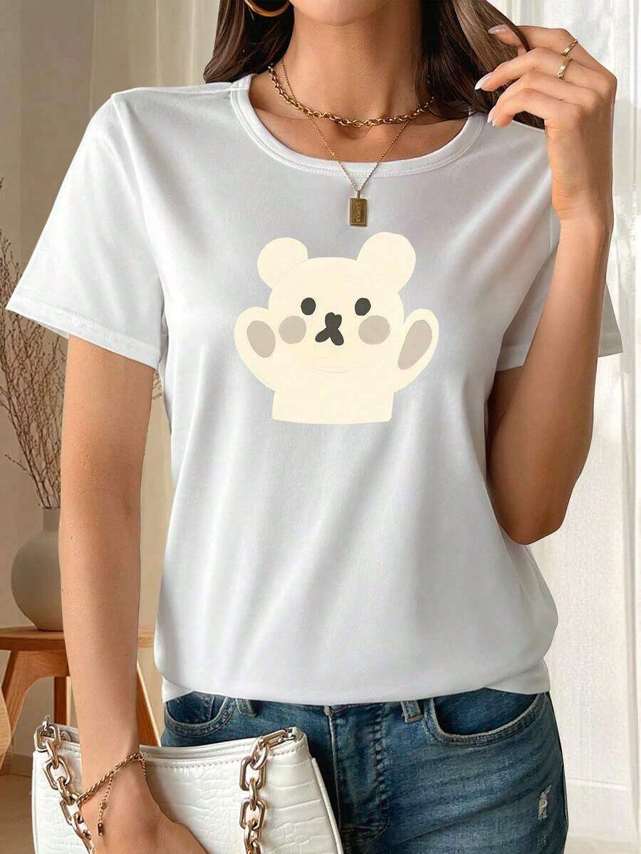 1 Piece Women's Short Sleeve T-Shirt With "Lying Looking At Your Little Bear" Print, Made Of Soft And Breathable Polyester Fiber, With Medium Elasticity, Machine Washable, Women's Clothing, Versatile Top For Daily Wear, Perfect For Summer Fashion, Casual Women's Short Sleeve Round Neck Printed T-Shirt, 100% Cotton. Comfortable, Versatile Short-Sleeved Top. - 白色的 - 查看 1