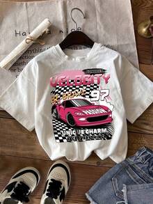 Letter And Car Print T-Shirt, Short Sleeve, Round Neck, Casual Style For Summer And Spring, Women's Clothing Y2k - 黑色 - 查看 1