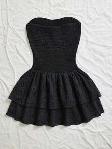Vestido azul marino con cintura ceñida, plisado, sin tirantes, sexy, calado, con bordado y dobladillo fruncido, estilo vacaciones - Negro - Ver 2