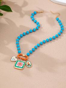 1 chiếc vòng cổ mặt dây chuyền nhiều lớp đính hạt màu ngọc lam phong cách Bohemian dành cho nữ, vòng cổ choker hình hoa nhỏ, vòng cổ mặt dây chuyền có khóa carabiner với hình cây xương rồng và mặt trời tỏa sáng, trang sức phong cách Boho đi biển dành cho kỳ nghỉ. - Nhiều màu - Xem 6