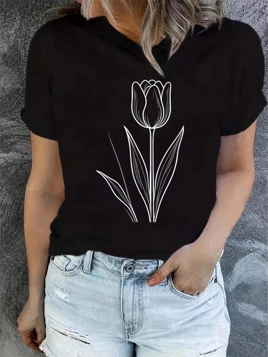 Diseñada para mujeres modernas, elegantes y cómodas, esta camiseta estampada de manga corta para el verano es a la moda y casual, con un ajuste cómodo y lavable a máquina y un estampado plan - Negro_02 - Ver 1