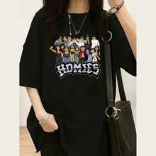Women's Casual Homies Graphic Print Black Short Sleeve Round Neck Polyester T-Shirt, Perfect For Summer Grunge Style - màu đen - Xem 1
