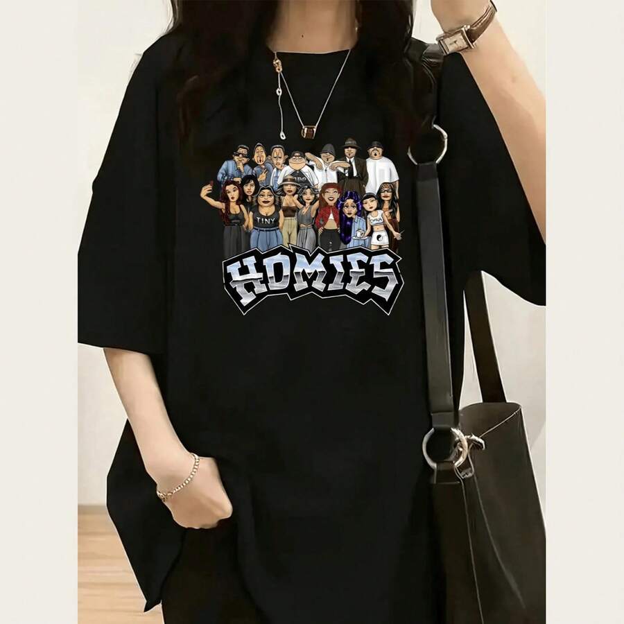 Women's Casual Homies Graphic Print Black Short Sleeve Round Neck Polyester T-Shirt, Perfect For Summer Grunge Style - màu đen - Xem 1