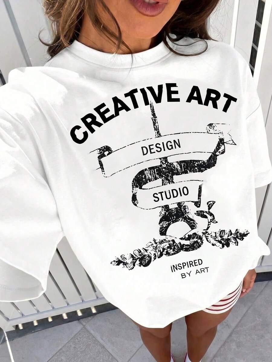 Camiseta holgada de mujer con estampado de letras retro, top casual de cuello redondo y manga corta, uso versátil para el día a día - Blanco - Ver 1