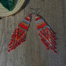 AHAYA Handmade Geometric Long Tube Bead Earrings, Fashion Tassel Drop Earrings With Glass Beads, Versatile Beaded Earrings Suitable For Daily Wear And Vacation - Red - View 5