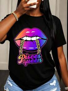 Women's Graphic T-Shirt With Rainbow Lips Design And Gold Chain Of The Queen Of Pisces, Fashionable Zodiac Sign Top, Casual Wear, Birthday Gift Idea, Summer Clothes - 黑色 - 查看 7