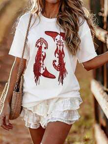 Camiseta de cuello redondo casual con estampado digital a rayas y bordado de fresa, regalo para amigos - Multicolor 3 - Ver 3