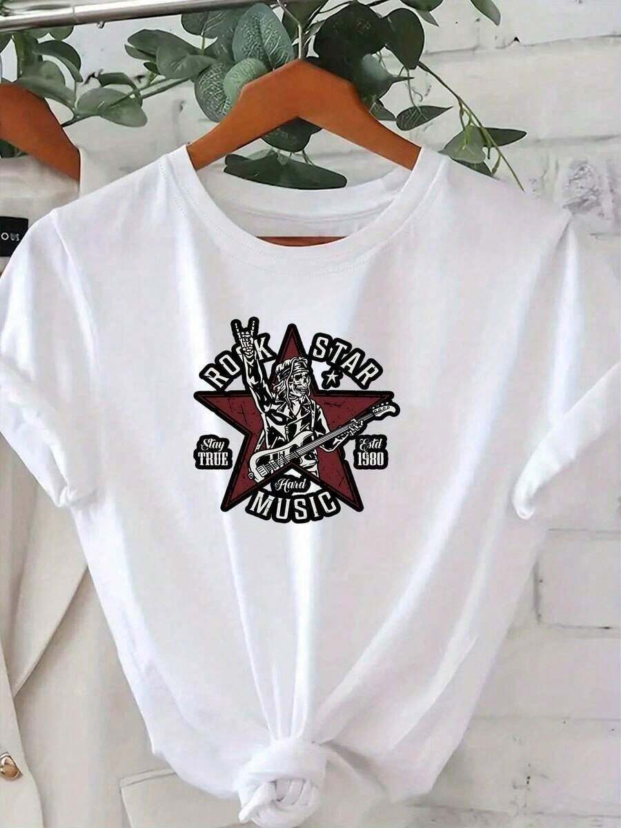 Women's Clothing Music Themed T-Shirt - Round Neck, Short Sleeve, Loose Fit, Breathable, With Musical Notes And Guitar Print, Casual, Suitable For Work, Parties, Machine Washable, All Season T-Shirt For Musicians And Casual Wear, Women's Shirts - 白色 - 查看 1
