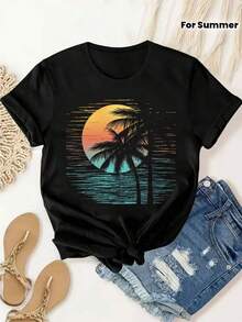 Women's T-Shirt With Palm Tree And Tropical Sunset Print - Soft, Breathable, Loose Fit, Short Sleeve, Crew Neck, Vibrant Turquoise And Orange Beach Design, Casual Summer Wear, Machine Washable Women's T-Shirt, Ideal For Beach Parties And Tropical Vacations - Urban Vintage Style, Unisex Cotton Short Sleeve Crew Neck T-Shirt - 黑色 - 查看 1
