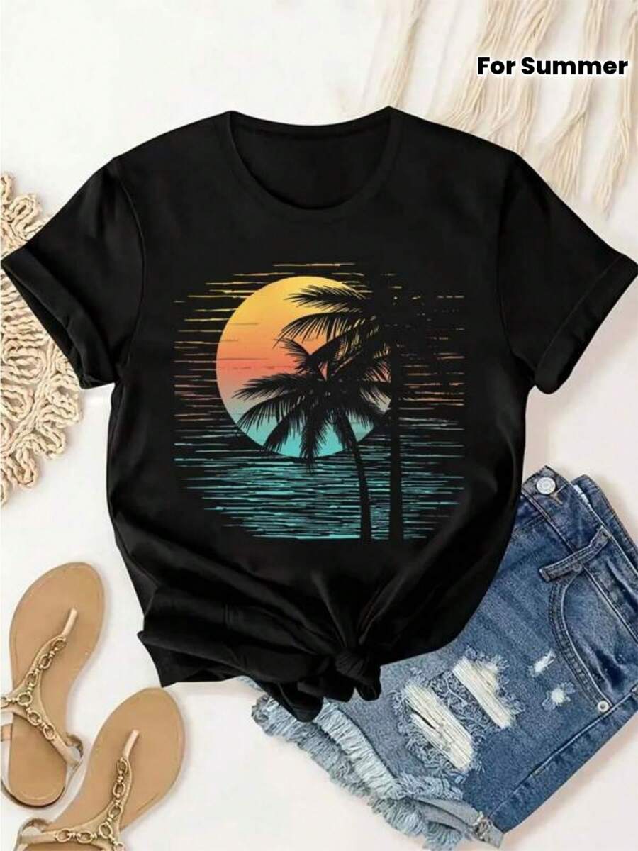 Women's T-Shirt With Palm Tree And Tropical Sunset Print - Soft, Breathable, Loose Fit, Short Sleeve, Crew Neck, Vibrant Turquoise And Orange Beach Design, Casual Summer Wear, Machine Washable Women's T-Shirt, Ideal For Beach Parties And Tropical Vacations - Urban Vintage Style, Unisex Cotton Short Sleeve Crew Neck T-Shirt - 黑色 - 查看 1