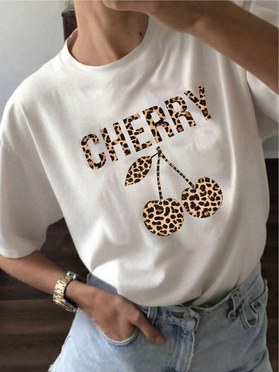 YOCASA Women's Casual Summer T-Shirt, Round Neck, Fitted, Short Sleeve, With Oil Paint, Floral, Heart, Cherry, And Letter Prints. Simple, Casual Fabric, Sporty Style, Ideal For Everyday Wear And A Valentine's Day Date. 1 Pc, 180g Pure Heavy, 95% Polyester 5% Spandex - 白色 - 查看 1