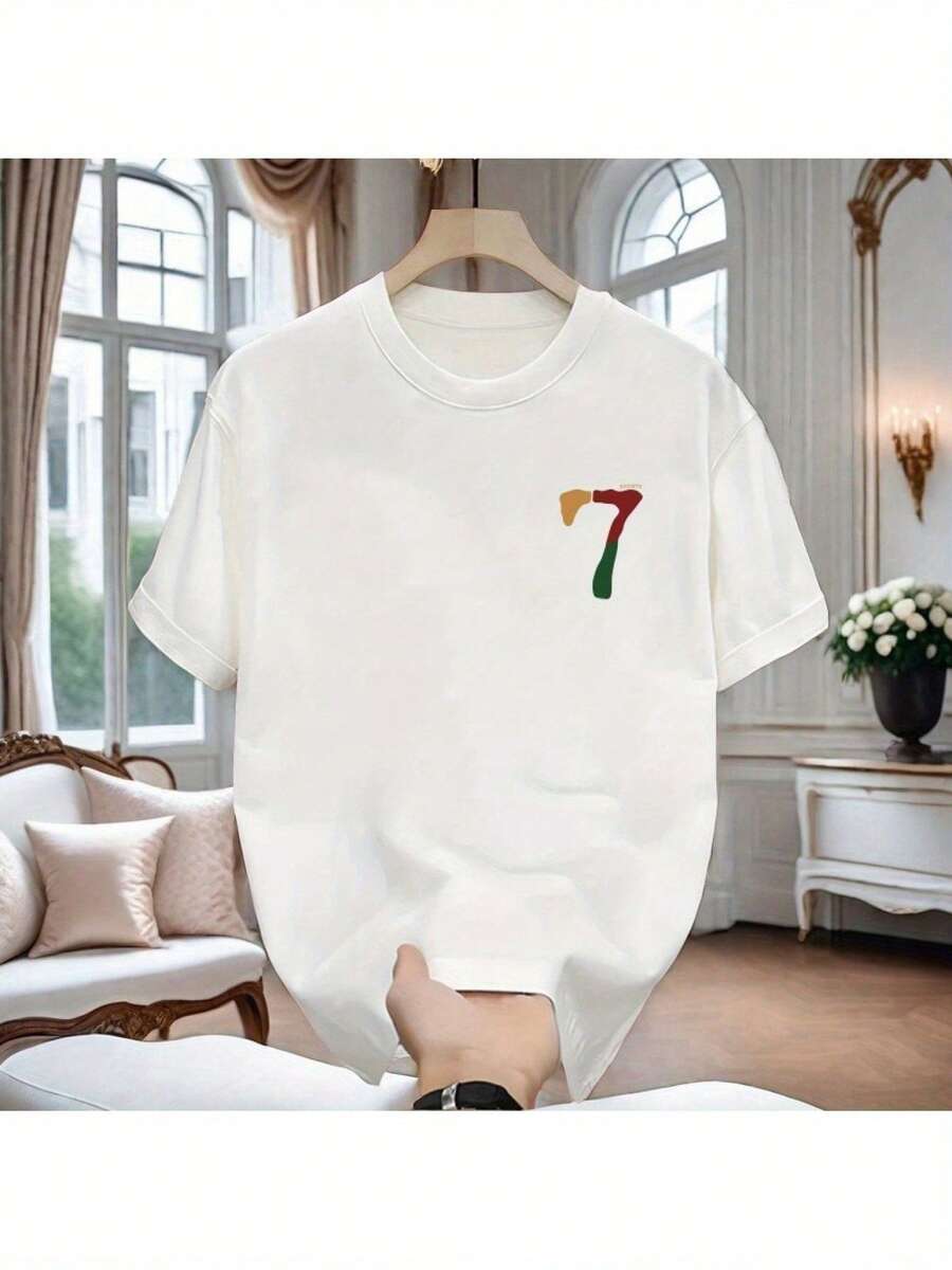 Fashionable Short-Sleeved T-Shirt For Men And Women, Sporty And Casual, With A Round Neck And A Heat-Transferred "7" Print. Made From 100% Pure Cotton Knit Fabric, Suitable For Everyday Casual Wear And Outdoor Sports In The Summer. - 白色的 - 查看 1