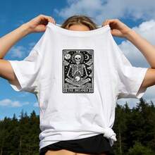 Women's Summer Clothing, Casual Soft Cotton T-Shirt With Round Neck, Tarot Card Print, Meditating Skull And The Dreamer. Black. - 白色 - 查看 1