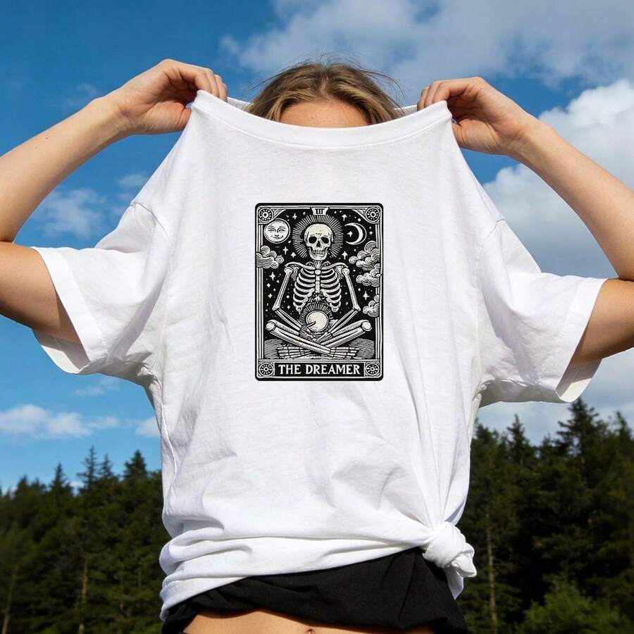 Women's Summer Clothing, Casual Soft Cotton T-Shirt With Round Neck, Tarot Card Print, Meditating Skull And The Dreamer. Black. - 白色 - 查看 1